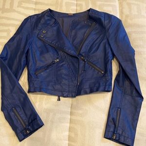 Free People vegan leather blue moto crop jacket